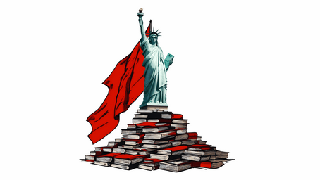 La statue de la Liberté, un drapeau de la révolution en berne, une pile de livres : autoédition une révolution avortée